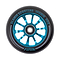 A close-up of the Slamm Flair 2.0 100mm stunt scooter wheel in blue, featuring a black tire with multiple spokes. It has "SLAMM SCOOTERS 100MM 88A" around the rim, "FLAIR" at the bottom, and is equipped with ABEC-9 bearings for smooth skatepark rides.