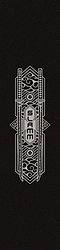 This top-notch design features two crossed katana swords against an intricate geometric pattern on a black background, perfect for the Slamm Stunt Scooter Griptape - Sentinel. The central area includes stylized Japanese characters along with cutter guides for precise application.