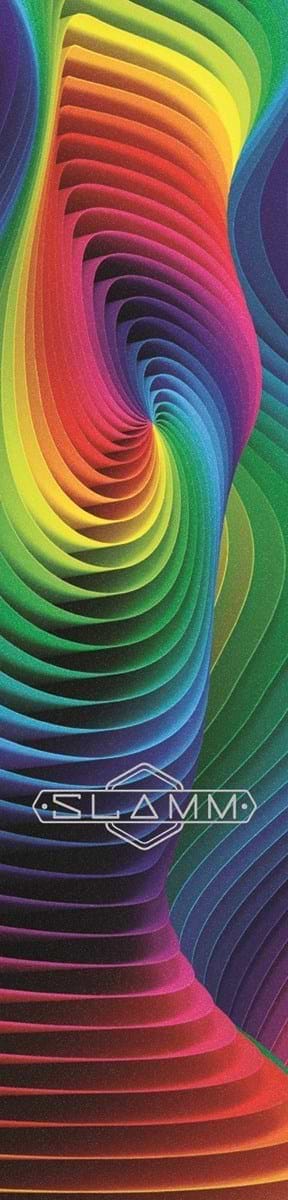 A vibrant abstract image with layered, wavy patterns in rainbow colors creates a flowing effect, reminiscent of the Slamm Stunt Scooter Griptape - Spectrum. The word "SLAMM" is prominently displayed at the center, enclosed within a geometric design that highlights its high quality and precision cutting.