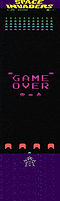 A retro arcade game screen reminiscent of the Revolution Stunt Scooter Griptape - Space Invaders features pixelated aliens and a spaceship. The phrase "GAME OVER" appears in pink 1980s-style pixel graphics. Vibrant colors stand out against a black background, evoking nostalgia much like cruising on highly grippy Revolution Griptape.