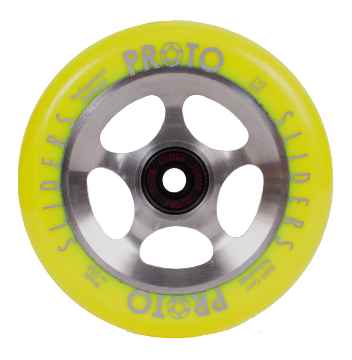 Close-up image of the Proto Sliders Starbright 110mm stunt scooter wheel in yellow/raw, showcasing its metal core and black bearing. The hard urethane wheel features the brand name "Proto" and "Sliders" printed in purple, with four cutouts around the hub.