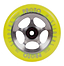 Close-up image of the Proto Sliders Starbright 110mm stunt scooter wheel in yellow/raw, showcasing its metal core and black bearing. The hard urethane wheel features the brand name "Proto" and "Sliders" printed in purple, with four cutouts around the hub.