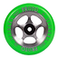 The Proto Sliders Starbright 110mm Stunt Scooter Wheel in green, crafted by Proto, boasts a striking Starbright design with a raw metal core featuring five spokes and a black center detail. Engineered for speed and durability, its high-quality urethane promises long-lasting performance.