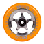 The product on display is the Proto Sliders Starbright 110mm Stunt Scooter Wheel in an orange/raw color scheme. It features a metal core with large circular cutouts and showcases white text highlighting its durable urethane technology. This wheel, manufactured by Proto, proudly sports a "Made in USA" label.