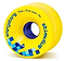 A vibrant yellow longboard wheel from Orangatang, featuring the product name "Orangatang Stimulus 70mm 86A" printed in blue. The wheel is 70 mm in diameter with a 42 mm contact patch and a stone ground surface for enhanced grip. Its offset design, along with the blue core, creates an eye-catching contrast.
