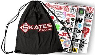The Stunt Scooter Bonus Pack from Skates.co.uk includes a sleek black drawstring bag featuring the brand's logo in striking red and white. Accompanying it are vivid sticker sheets that highlight various skate brands and dynamic graphics, adding a splash of color and character to any collection.