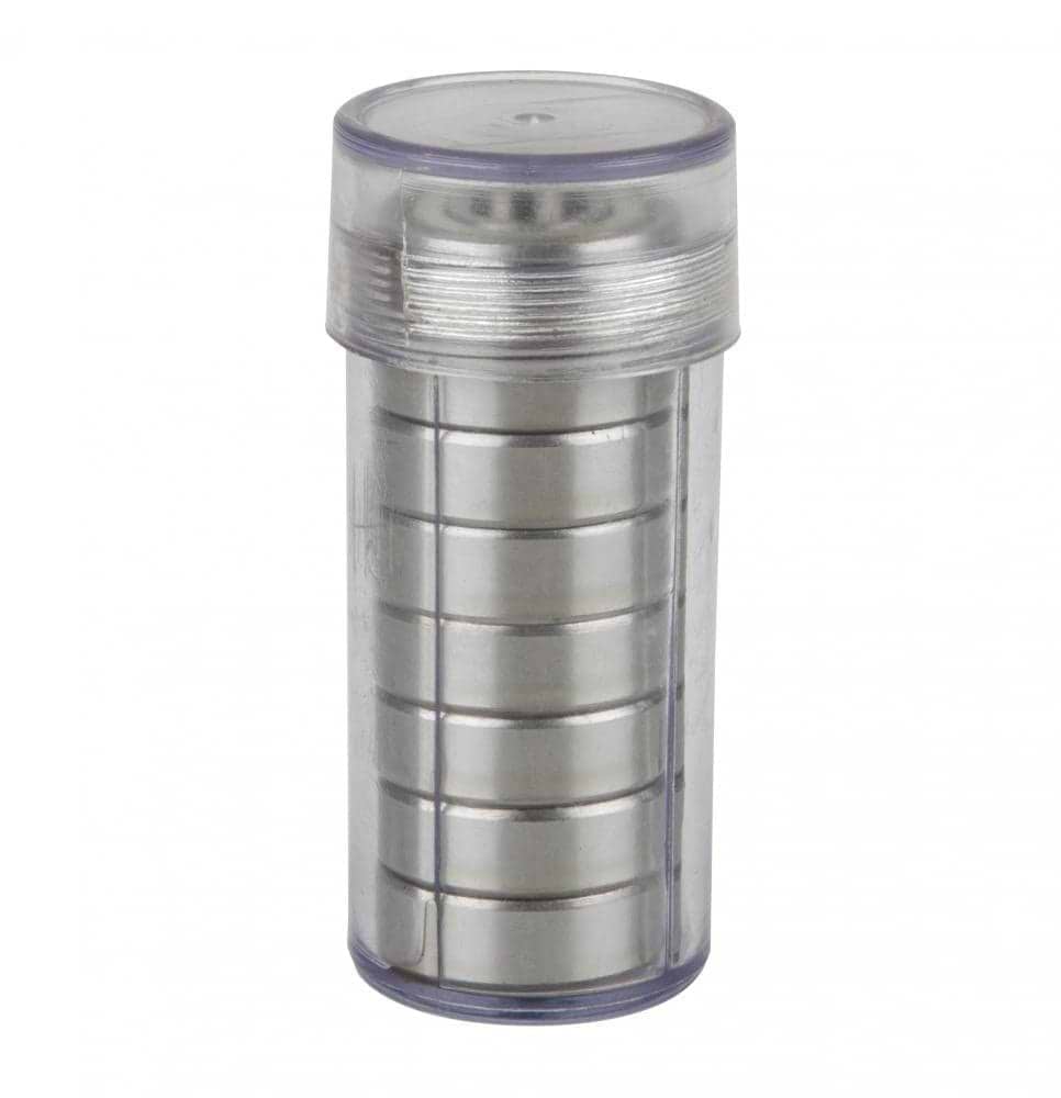A cylindrical transparent plastic container holds several stacked Sushi ABEC 3 Chrome Skateboard Bearings - 8 Pack, sealed with a matching cap. Resembling packaging for the Sushi brand, it stands upright against a plain white background.