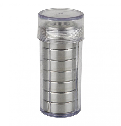 A cylindrical transparent plastic container holds several stacked Sushi ABEC 3 Chrome Skateboard Bearings - 8 Pack, sealed with a matching cap. Resembling packaging for the Sushi brand, it stands upright against a plain white background.