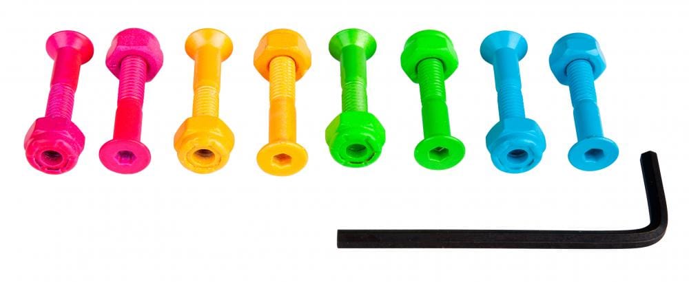 A set of eight Sushi Skateboard Allen Truck Bolts in vibrant pink, orange, yellow, green, and blue are arranged in a row. Below them lies a black L-shaped Allen wrench. These bolts feature hexagonal heads and threaded shafts, ideal for securing with Nyloc nuts.