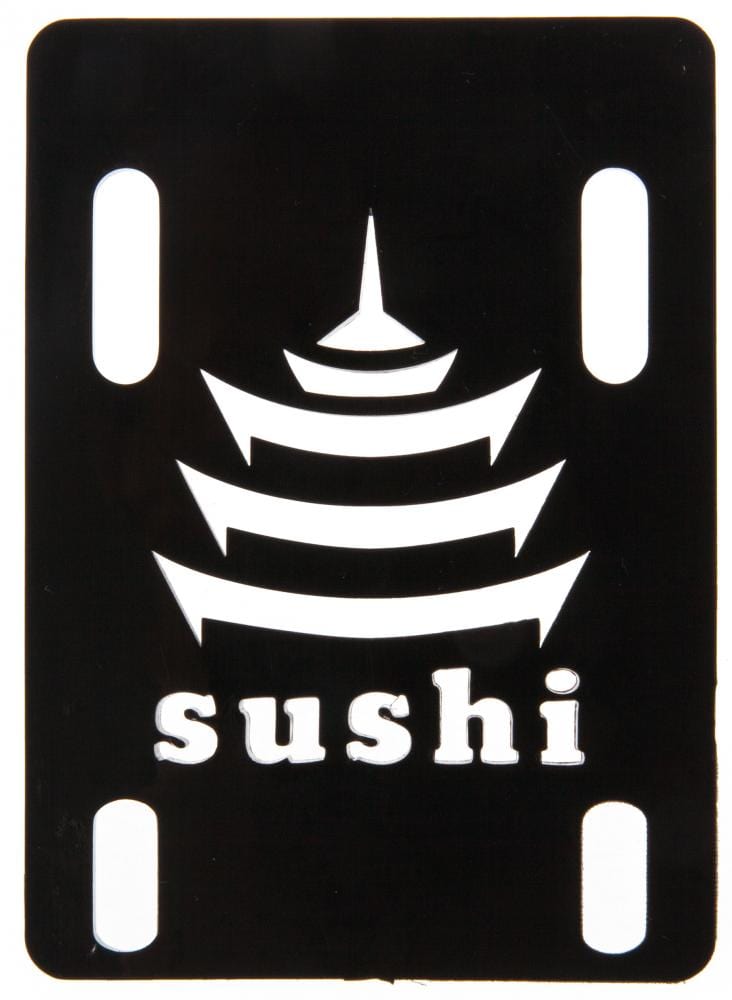 Black minimalist stencil with a stylized pagoda design and "sushi" cut out below, inspired by Sushi's 1/8" Black Skateboard Riser Pads that reduce vibrations.
