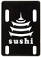 Black minimalist stencil with a stylized pagoda design and "sushi" cut out below, inspired by Sushi's 1/8" Black Skateboard Riser Pads that reduce vibrations.
