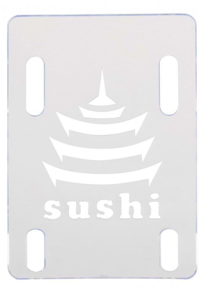 The Sushi Skateboard Riser Pad - 1/8" Clear offers a unique twist with its white stencil design featuring the word "sushi" alongside a stylized pagoda, providing both style and functionality. This urethane riser pad includes four elongated slots for attachment, helping to enhance your ride and absorb impact.