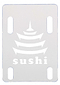 The Sushi Skateboard Riser Pad - 1/8" Clear offers a unique twist with its white stencil design featuring the word "sushi" alongside a stylized pagoda, providing both style and functionality. This urethane riser pad includes four elongated slots for attachment, helping to enhance your ride and absorb impact.