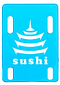 A clear blue card adorned with a white logo depicting a multi-tiered pagoda-like structure, accentuated by "Sushi" boldly displayed underneath. It mirrors the art of balance, akin to the 1/8" Sushi Skateboard Riser Pad that effortlessly absorbs impact.