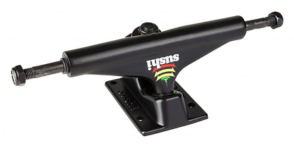 The Sushi Pagoda Rasta Skateboard Trucks, sized at 133mm, are crafted from durable aluminum and prominently display a colorful logo with red, yellow, and green stripes. These black skateboard trucks feature an angled perspective to showcase their robust high-tensile steel axle and sturdy baseplate, making them ideal for any skater looking for reliability and style.