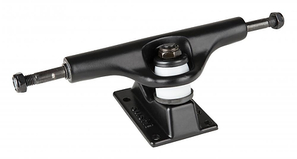 Close-up of a Sushi Pagoda Rasta skateboard truck in black, constructed from aluminum, showcasing the visible kingpin and bushings mounted on a baseplate. The high-tensile steel axles extend on both sides for wheel attachment. This 133mm truck is isolated against a white background.