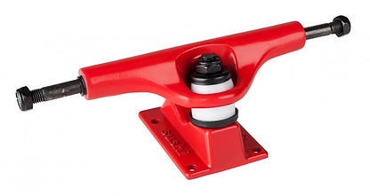 A red skateboard truck from Sushi, featuring high-tensile steel axles and black bushings, with "Sushi" embossed on the aluminum baseplate. The truck is displayed against a white background.