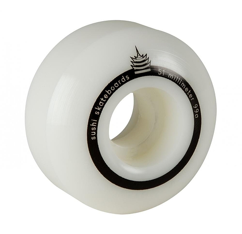 The Sushi Pagoda Team V2 51mm 99A Skateboard Wheels in white feature a bold design with black accents, proudly displaying "Sushi Skateboards." These wheels are crafted from Super High Rebound Urethane for exceptional performance and showcase an artistic pagoda graphic.