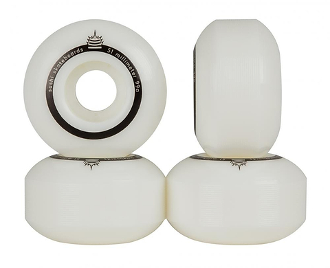 In a pyramid arrangement, four Sushi Pagoda Team V2 51mm 99A Skateboard Wheels in white are displayed, with two wheels at the base and two above—one positioned upright and the other on its side. The text on them reveals they are crafted from super high rebound urethane with a 99A durometer.