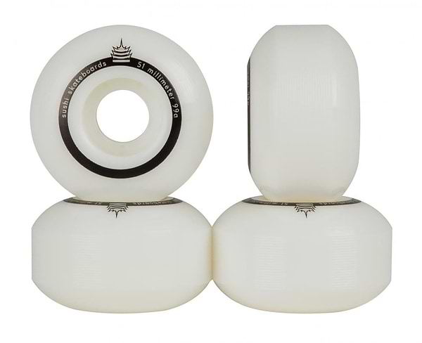 The Sushi Pagoda Team V2 53mm skateboard wheels are offered in a set of four, arranged in pairs. Each white wheel is marked with black text around the rims stating "53 millimeter" and "99A durometer," crafted from Super High Rebound Urethane. The design includes a small emblem above the text, catering to those who value the quality and performance synonymous with Sushi Skateboard Wheels.
