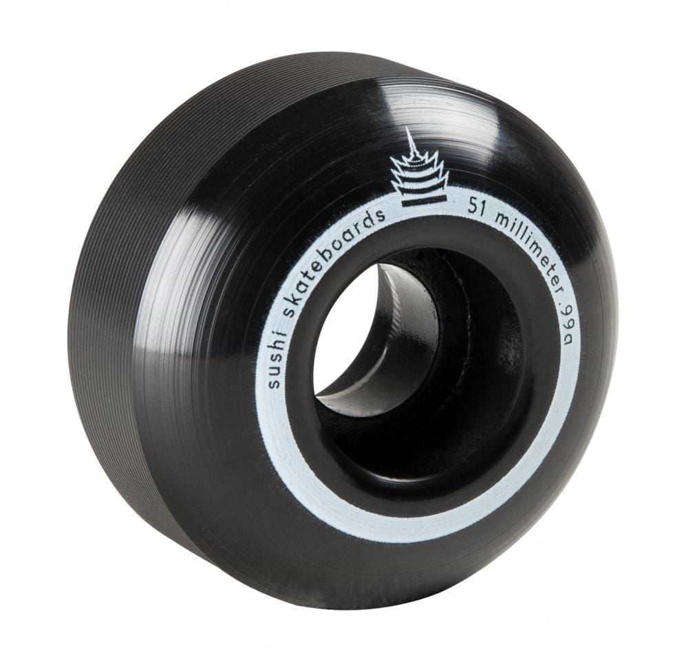 A close-up of the Sushi Pagoda Team V2 Skateboard Wheel highlights the iconic branding. The 52mm wheel boasts a 99A durometer made from Super High Rebound Urethane, delivering a smooth ride. Its design features a black finish enhancing both traction and style.