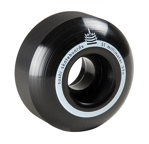A close-up of the Sushi Pagoda Team V2 Skateboard Wheel highlights the iconic branding. The 52mm wheel boasts a 99A durometer made from Super High Rebound Urethane, delivering a smooth ride. Its design features a black finish enhancing both traction and style.