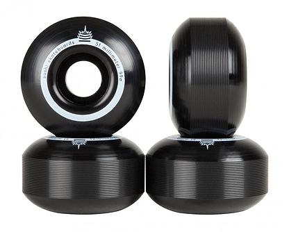 The Sushi Pagoda Team V2 51mm 99A Skateboard Wheels in black are stacked in pairs, showcasing a white logo along with "51 millimeter 99a" text. Made from Super High Rebound Urethane, these wheels offer a smooth finish and dependable performance due to their 99A durometer.