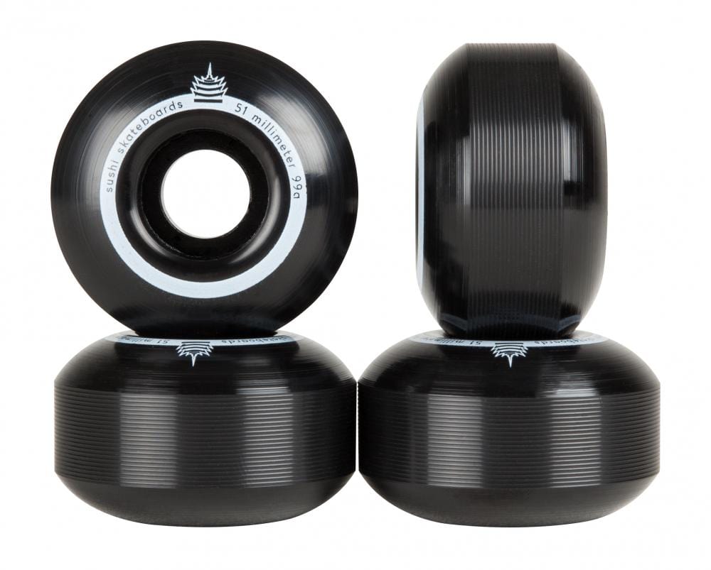 A set of four black skateboard wheels, featuring a ribbed texture and crafted from SHR Urethane, is arranged in a 2x2 fashion. Each wheel proudly displays "Sushi Pagoda Team V2, 53 millimeter, 99A" along the rim in white lettering. These wheels are ideal for those seeking quality and performance with Sushi options.