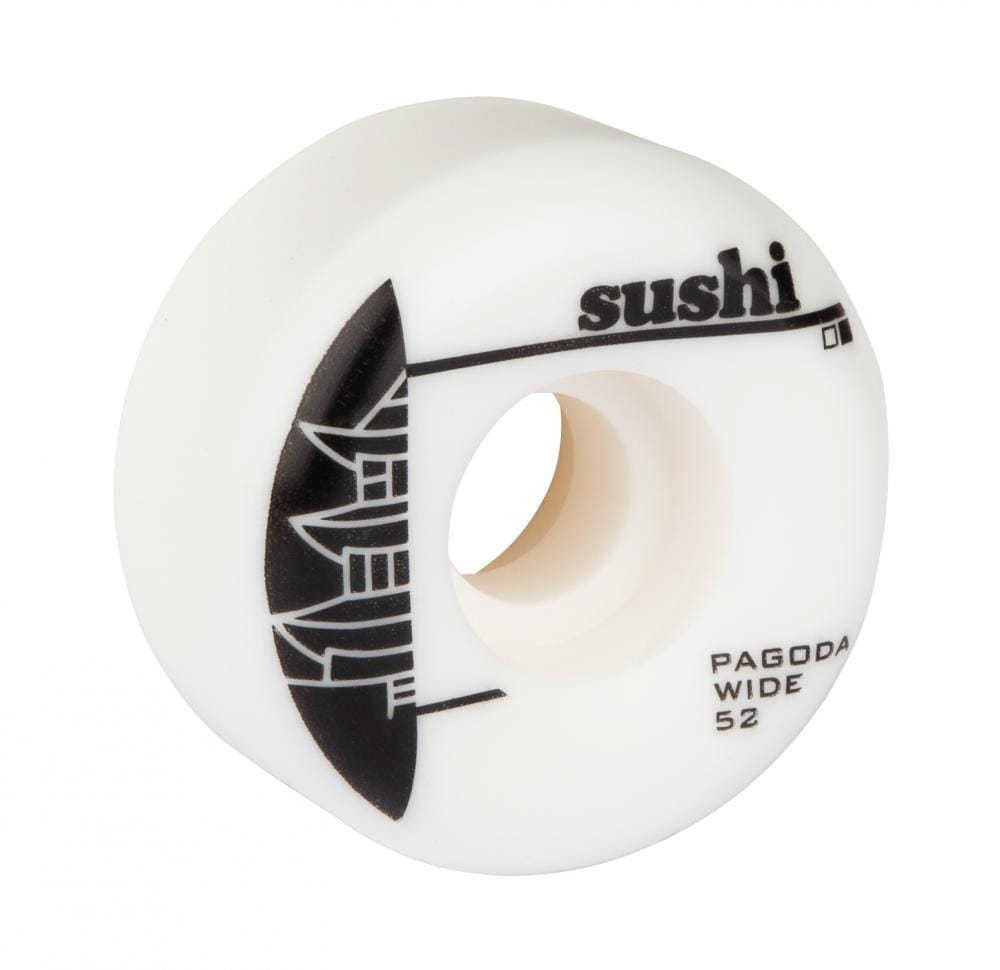 The Sushi Pagoda Wide 52mm 99A Skateboard Wheels showcase a sleek white design with a black pagoda graphic and "sushi" text, made from SHR Urethane. The words "PAGODA WIDE 52" are prominently displayed, highlighting the distinctive appeal of these wheels.