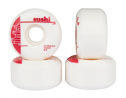 The Sushi Pagoda Wide 53mm 99A Skateboard Wheels come in white with red graphic designs, featuring images such as a pagoda and the phrase "Sushi Pagoda" on the side. Made from durable SHR Urethane, these wide skateboard wheels are labeled "PAGODA WIDE 53" and include three horizontally stacked wheels with one standing vertically.