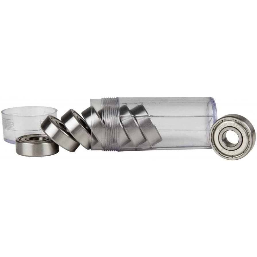 A clear plastic tube contains several Sushi ABEC 3 Chrome Skateboard Bearings from an 8-pack, with some bearings outside the tube and the cap removed. These cylindrical bearings are aligned, highlighting their shiny metal surface.
