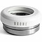 A close-up of a metal headset part labeled with "Drone," highlighting the sleek design of the Drone Synergy 2 Integrated Stunt Scooter Headset in white. The top section is white, while the bottom displays its metallic gray finish, designed specifically for scooter or bicycle assembly. It features super smooth bearings for an effortless ride.