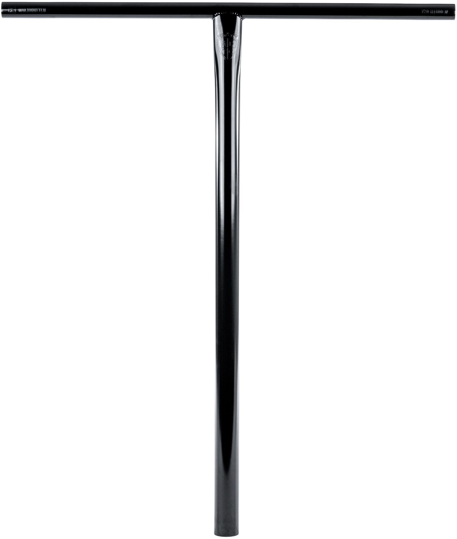 The Ethic DTC Tenacity V2 Steel Oversized HIC Stunt Scooter T-Bars in Black Mirror, measuring 770mm by 600mm, showcase a sleek T-shaped design crafted from durable chromoly steel against a white background. Designed by Ethic for strength and style, these oversized scooter handlebars are perfect for stunt riding.