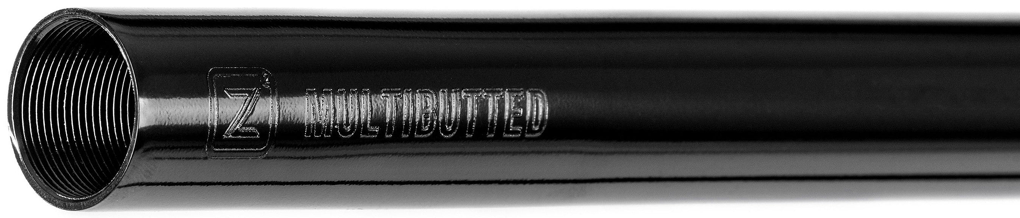 A close-up of a black metal tube—part of the Ethic DTC Tenacity V2 Steel Oversized HIC Stunt Scooter T-Bars (Black Mirror, 770mm x 600mm)—with threading inside one end and “MULTIBUTTED” engraved along its side.