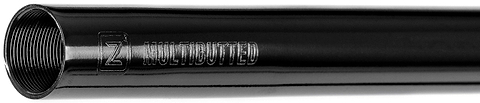 A close-up of a black metal tube—part of the Ethic DTC Tenacity V2 Steel Oversized HIC Stunt Scooter T-Bars (Black Mirror, 770mm x 600mm)—with threading inside one end and “MULTIBUTTED” engraved along its side.