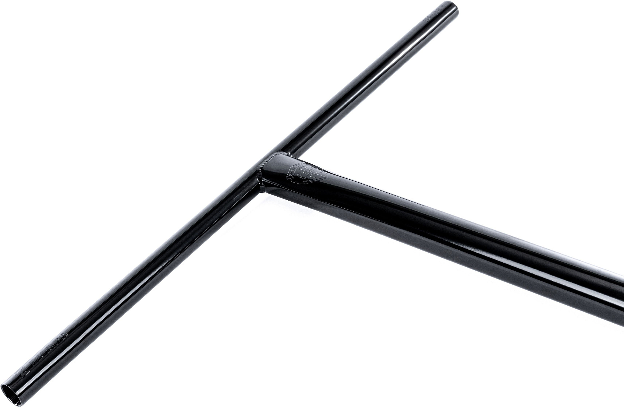 A black mirror-finished metal T-shaped handlebar, the Ethic DTC Tenacity V2 Steel Oversized HIC Stunt Scooter T-Bars (770mm x 600mm), crafted by Ethic from durable chromoly steel, is displayed diagonally on a white background—an ideal choice for riders seeking robust oversized bars with a glossy surface.