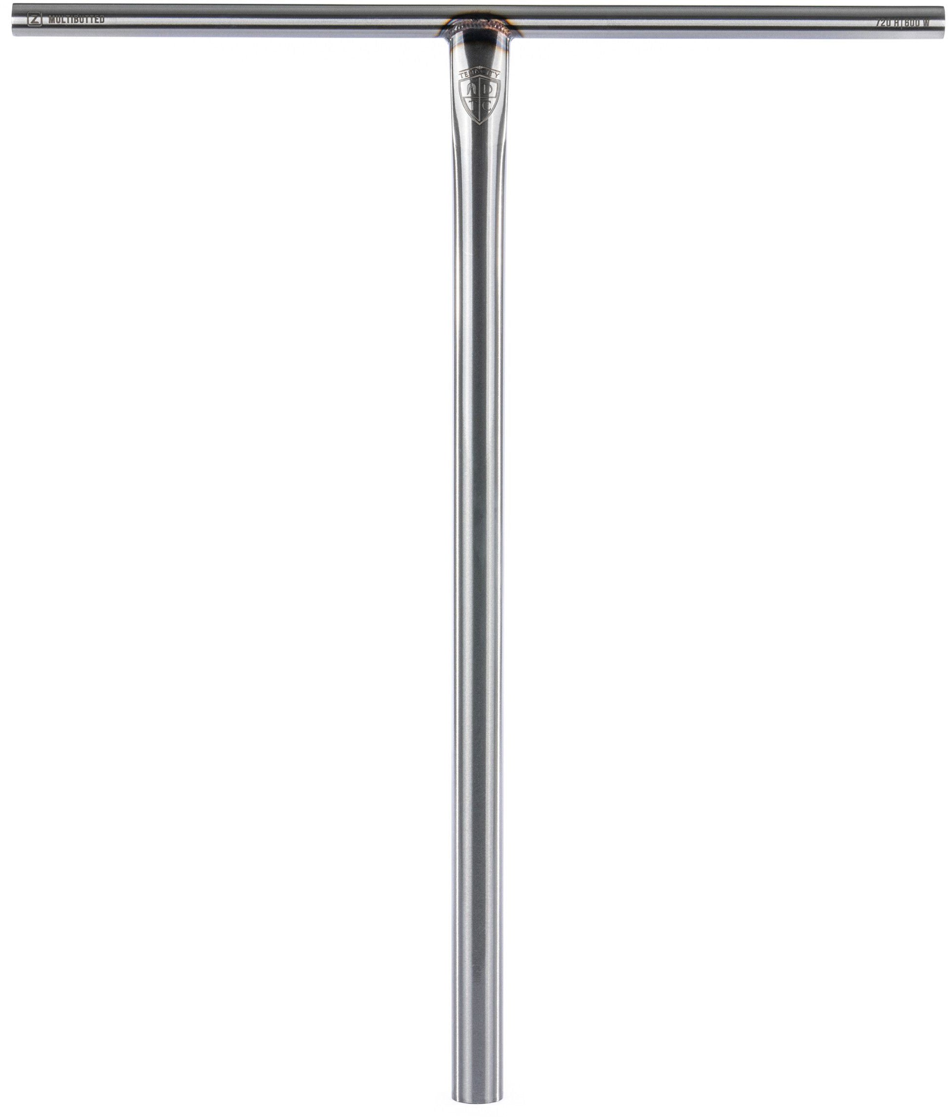 The Ethic DTC Tenacity V2 Steel Oversized HIC Stunt Scooter T-Bars in Raw (770mm x 600mm) by Ethic feature a vertical stem and horizontal handlebar, complete with a small shield logo at the junction. Constructed from durable chromoly steel, these oversized bars boast a sleek, minimal design and are shown standing upright against a white background.