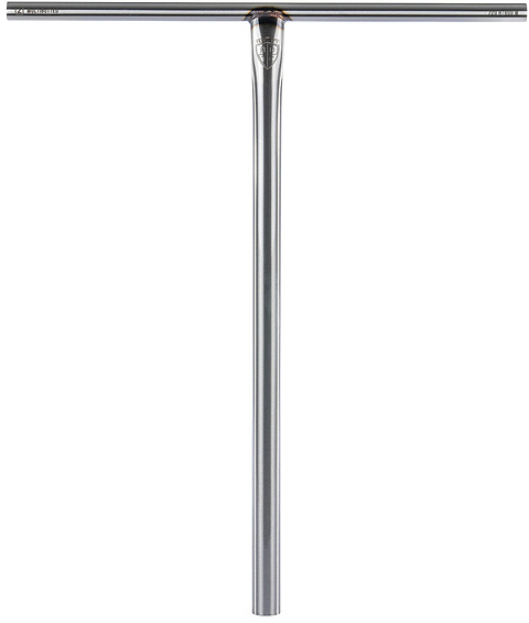 The Ethic DTC Tenacity V2 Steel Oversized HIC Stunt Scooter T-Bars in Raw (770mm x 600mm) by Ethic feature a vertical stem and horizontal handlebar, complete with a small shield logo at the junction. Constructed from durable chromoly steel, these oversized bars boast a sleek, minimal design and are shown standing upright against a white background.