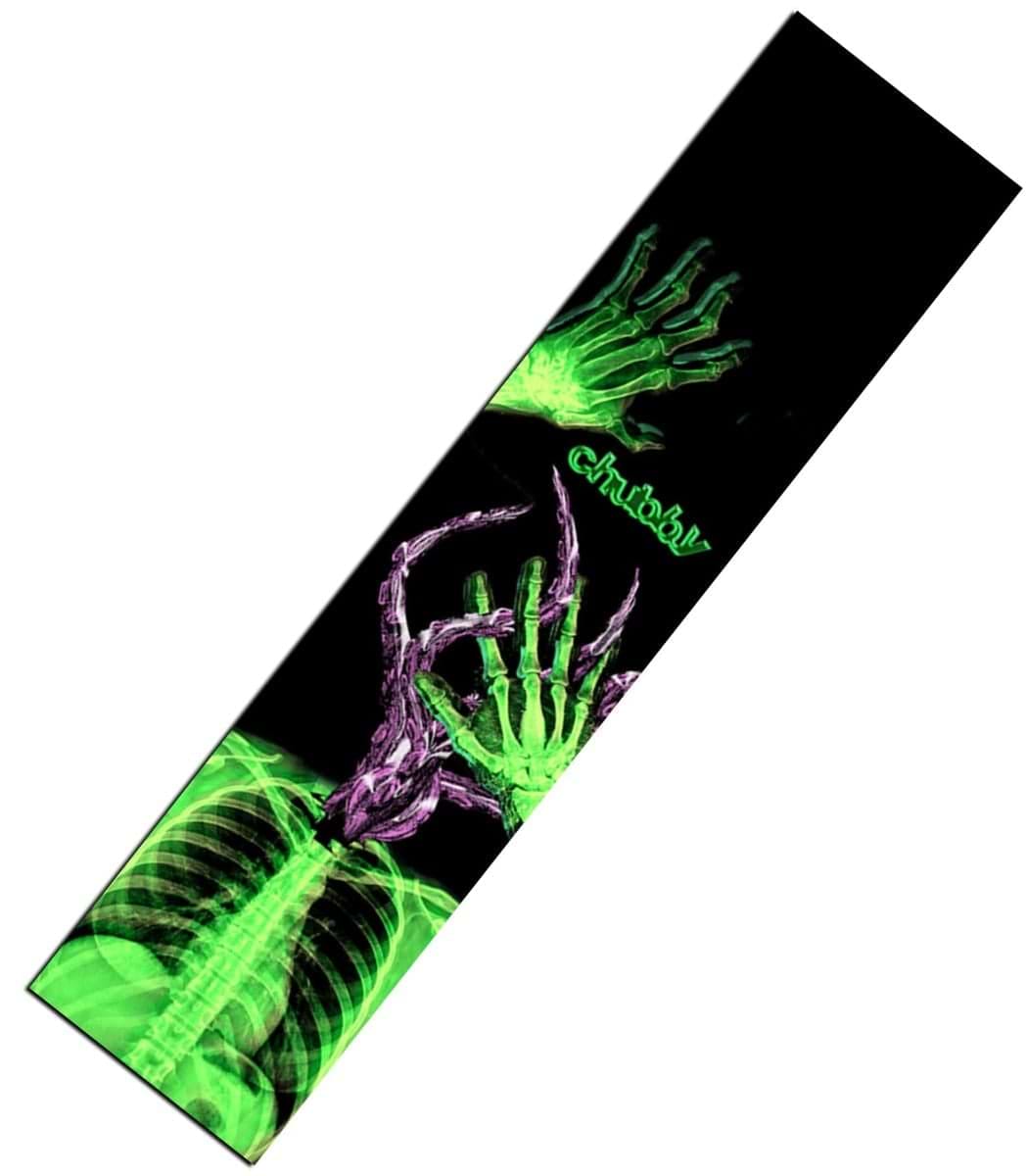 An abstract image showcases glowing green and purple skeletal hands on a black background. The hands are positioned in various ways, with one reaching downward and another clutching a phrase echoing "Chubby Stunt Scooter Griptape - Tentaskull" in stylized text.