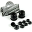 A set of Thunder Trucks Black Bushing Rebuild Kit - 100A showcasing high rebound urethane bushings. The image displays two sets of black bushings and eight black nuts on a white background, with Thunder's branded packaging featured in the background.
