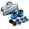 Detailed view of the Thunder Trucks Blue Bushing Rebuild Kit - 95A, featuring blue urethane bushings along with accompanying hardware like bolts and washers. The packaging in the background prominently displays "Thunder." This kit provides various components essential for assembling or maintaining a skateboard.