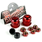 The Thunder Trucks Red Bushing Rebuild Kit - 90A is showcased with red urethane skateboard bushings that have a glossy finish. Included are eight matching nuts, along with two black caps. In the background, a packaging card displaying "Thunder" suggests it's a comprehensive rebuild kit.