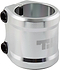 The Tilt ARC 2 Bolt Oversized Stunt Scooter Clamp in chrome silver, made from 6061 T6 aluminum, comes with two black bolts. It boasts a polished finish and an etched logo on the side for a sleek addition to your ride.