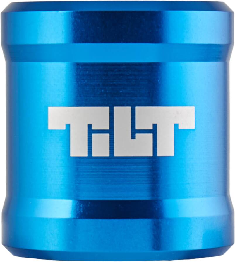 The metallic blue cylindrical object, prominently featuring "Tilt" in bold white lettering, is a sleek component of the Tilt ARC 2 Bolt Oversized Stunt Scooter Clamp - Blue. This clamp is ideal for securely holding oversized bars and boasts a shiny, smooth texture.