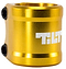 The Tilt ARC 2 Bolt Oversized Stunt Scooter Clamp in a gold finish is constructed from shiny 6061 T6 aluminium, equipped with black M8 bolts on the side, and adorned with the "TILT" logo in crisp white letters on its surface.