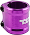 A detailed view of the Tilt ARC 2 Bolt Oversized Stunt Scooter Clamp in purple highlights its gleaming metallic finish, made from lightweight 6061 T6 Aluminium. This oversized double clamp includes two black side bolts and prominently displays the brand name "TILT" in white on its surface.