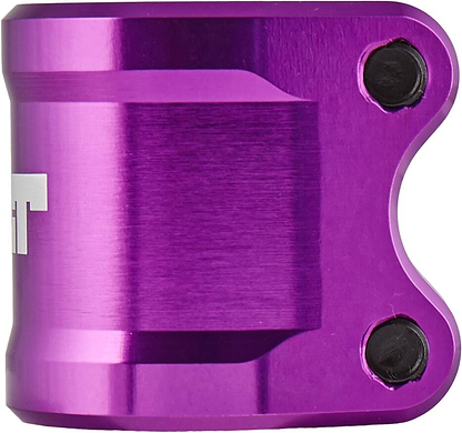 Close-up of the Tilt ARC 2 Bolt Oversized Stunt Scooter Clamp in a lightweight, metallic purple finish. Made from 6061 T6 Aluminium, this shiny cylindrical clamp is equipped with two black bolts to securely hold scooter handlebars.