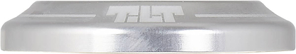 A close-up of a silver metallic, rounded object with "TILT" engraved on its side shows the smooth, brushed finish and precise design of the Tilt Integrated Stunt Scooter Headset - Silver by Tilt.