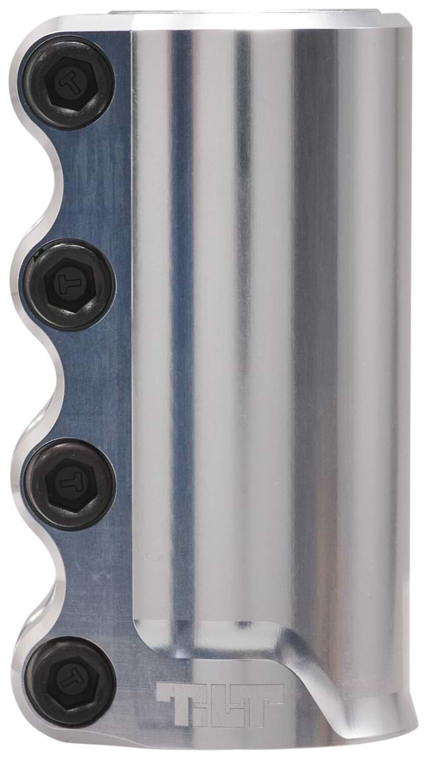 The Tilt Rigid 4 Bolt SCS Stunt Scooter Clamp in Chrome Silver is a sleek, lightweight accessory crafted from forged 6061 T6 Aluminium. It features four black bolts on the side, and its polished surface beautifully showcases the "TLT" engraving at the bottom, adding a touch of elegance.