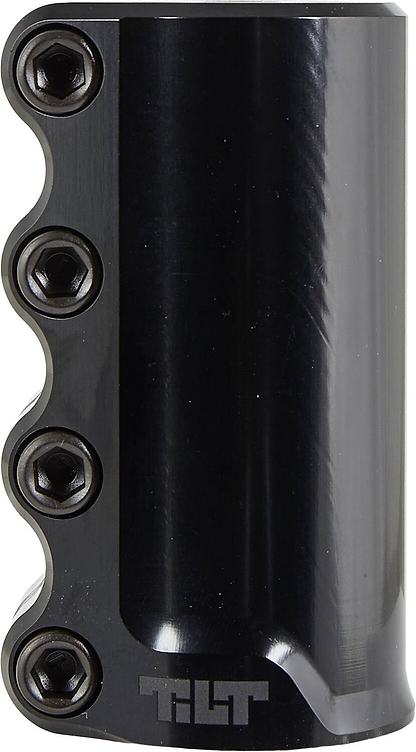 Close-up of the black Tilt Rigid 4 Bolt SCS Stunt Scooter Clamp by Tilt, crafted from Forged 6061 T6 Aluminium for a shiny finish. This lightweight clamp features four bolts aligned on the left side and has "TILT" printed at the bottom.